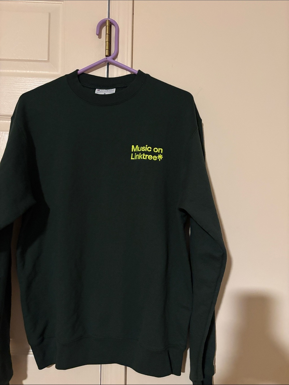 Champion Dark Green Crewneck with Neon Yellow Logo